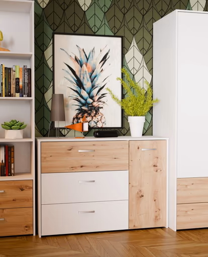 Kommode FILIPO- Weiß, Eiche Dekor