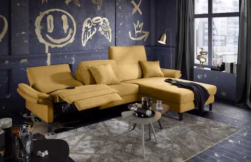 Ecksofa CALM PREMIUM 2.0 - 3-Sitzer mit Longchair rechts, Relaxfunktion motorisch, Armlehne verstellbar, Stoff, Kurkuma