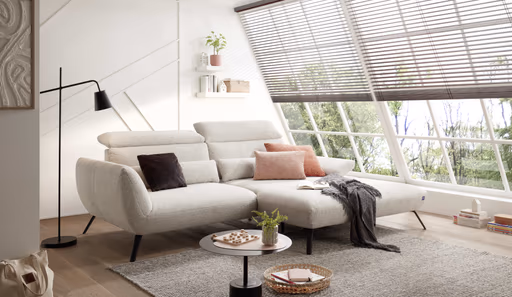 Ecksofa EM Lamego - Rückenlehne, Kopfteil und Armteil verstellbar, Stoff, Beige