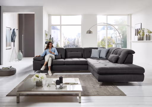 Ecksofa - 3-Sitzer mit Ecke rechts, Sitztiefe verstellbar, Stoff, Schwarz