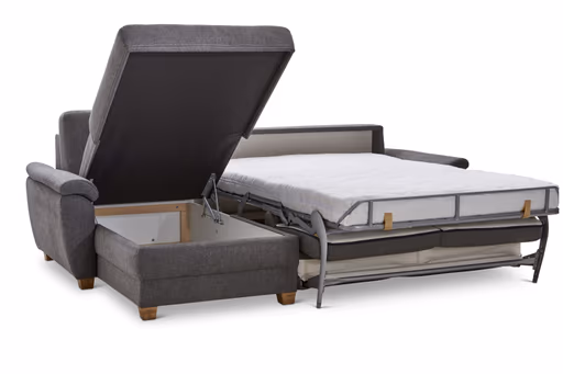 Ecksofa Lakeville 1 - Longchair links mit 2-Sitzer inkl. Schlaffunktion mit Bettkasten, Stoff, Grau