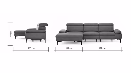 Ecksofa Felipa - Longchair links mit 2,5-Sitzer inkl. Armlehne verstellbar und Rückenlehne/Sitztiefe verstellbar (motorisch), Leder, Cognac