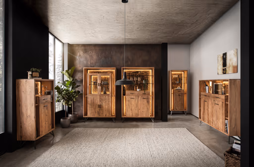 Highboard - mit Beleuchtung, B ca. 145 cm, Akazie massiv