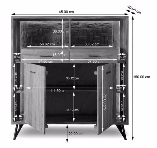 Highboard - mit Beleuchtung, B ca. 145 cm, Akazie massiv