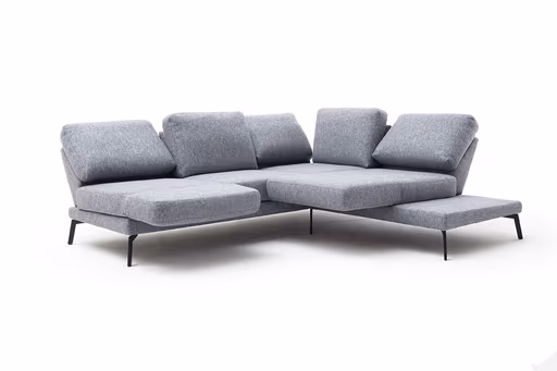 Ecksofa - 2-Sitzer mit Ecke rechts, Rückenlehne/Armlehne verstellbar (manuell), Drehsitz (manuell), Flachgewebe, Graublau