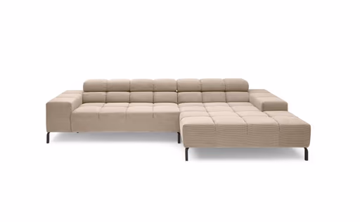 Ecksofa CLIVIA - 2-Sitzer mit Longchair rechts, Kopfteil verstellbar, Feincord,  Sand