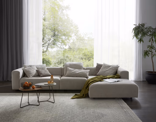 Ecksofa Caruso - 3-Sitzer, Longchair rechts, inklusive Kissen, Stoff, Graubeige