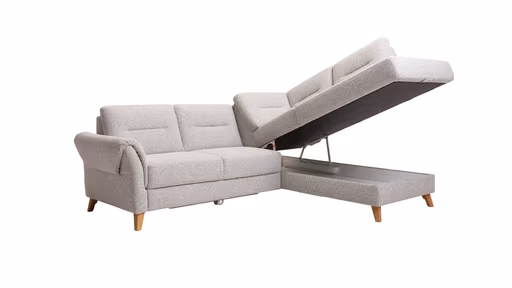Ecksofa Almyra - 2,5-Sitzer mit Ottomane rechts, inkl. Schlaffunktion und Bettkasten, Stoff, Silbergrau