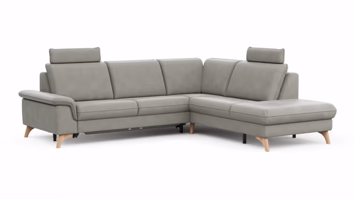 Ecksofa Tulsa KS - 2,5-Sitzer, Spitzecke und 1,5-Sitzer mit Anstellhocker aufklappbar rechts,  inkl. Kopfstütze, AL verstellbar und Schlaffunktion, Leder, Graubeige