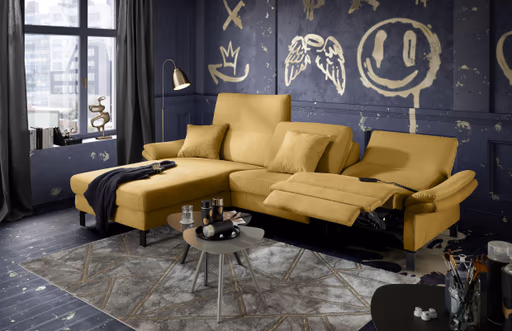 Ecksofa CALM PREMIUM 2.0 - Longchair links mit 3-Sitzer, Relaxfunktion motorisch, Armlehne verstellbar, Stoff, Kurkuma