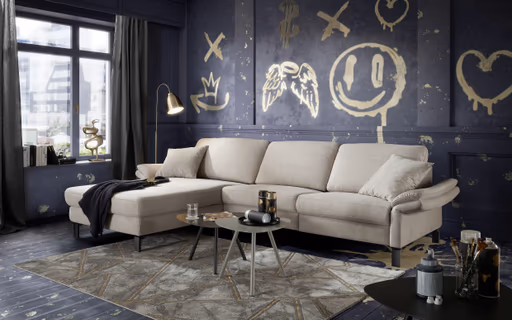 Ecksofa CALM PREMIUM 2.0 - Longchair links mit 3-Sitzer, Relaxfunktion motorisch, Armlehne verstellbar, Stoff, Sand