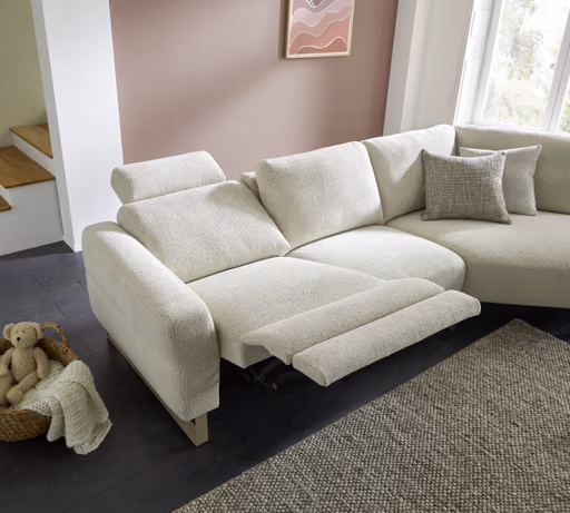Ecksofa Leona - 2,5-Sitzer mit Ecke rechts inkl. Relaxfunktion motorisch, Stoff, Creme 