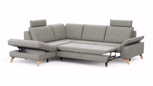 Ecksofa Tulsa KS - 1,5-Sitzer mit Anstellhocker aufklappbar links, Spitzecke und 2,5-Sitzer rechts, inkl. Kopfstütze, AL verstellbar und Schlaffunktion, Leder, Graubeige