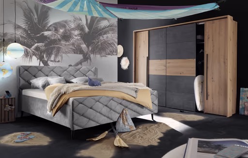 Schwebe-/Drehtürenschrank FAHDA - B. ca. 270 cm, mit Passepartout, Eiche Artisan Dekor, Betonoptik