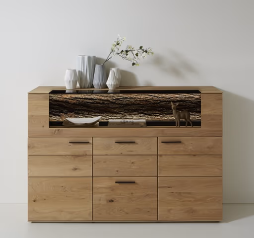 Highboard - mit Beleuchtung, Kerneiche massiv