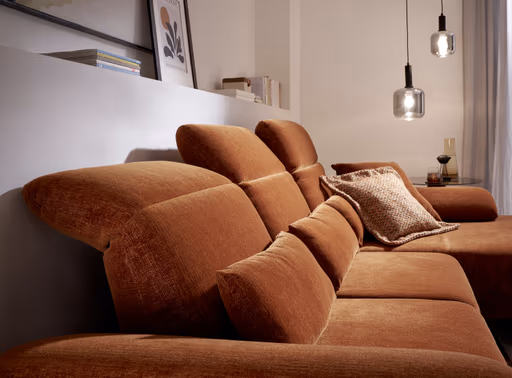 Ecksofa EM Setupal - 2,5-Sitzer mit Longchair rechts, Kopfteil/Armlehne/Rücken verstellbar, Stoff, Rost