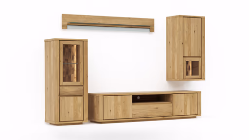 Wohnwand Bakersfield - inkl. Beleuchtung, sichtbare Rückwände mit Holzschindeln/Schubladenfront mit Schroppung, Asteiche massiv, geölt