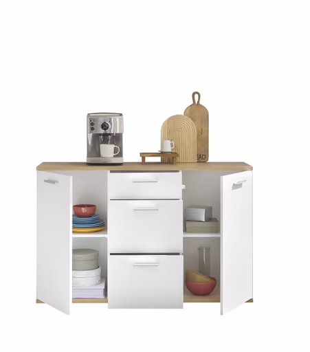 Kommode - B ca. 135 cm, Weiß, Artisan Eiche Nachbildung