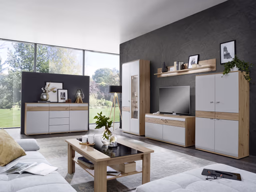 Wohnwand EM Teolo - mit Wandboard und Beleuchtung und geschroppter Rückwand, Alteiche, Lichtgrau