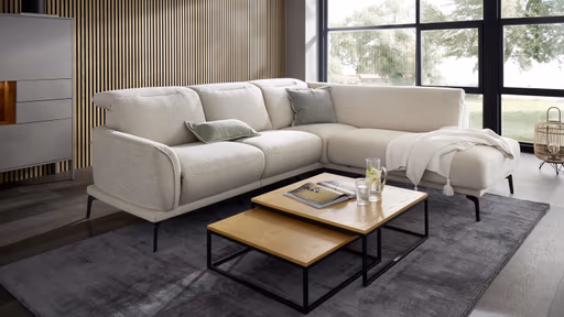 Ecksofa Amadena - 2-Sitzer mit Ecke rechts inkl. Kopfteilverstellung und Sitzvorzug, Stoff, Creme