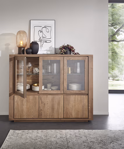 Highboard Bakersfield - sichtbare Rückwand geschroppt, Asteiche massiv, barrique