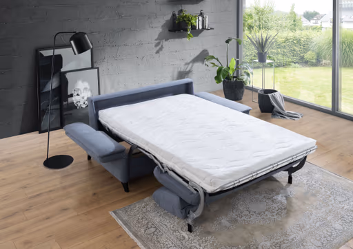 Sofa - 2,5-Sitzer mit Schlaffunktion, Armlehne verstellbar, Stoff, Graublau