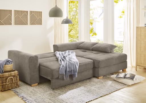 Ecksofa - 2-Sitzer, Ecke rechts inkl. Schlaffunktion und Bettkasten, Stoff, Taupe