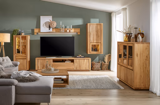 Wohnwand Bakersfield - inkl. Beleuchtung, sichtbare Rückwände mit Holzschindeln/Schubladenfront mit Schroppung, Asteiche massiv, geölt