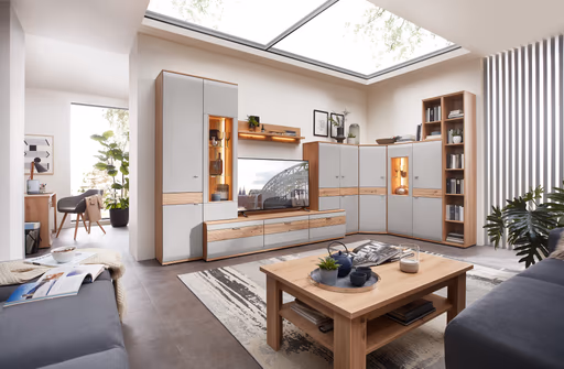 Wohnwand EM Teolo - mit Wandboard und Beleuchtung und geschroppter Rückwand, Alteiche, Lichtgrau