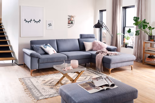 Ecksofa - 2,5-Sitzer mit Longchair rechts, Rückenlehne verstellbar, Stoff, Graublau