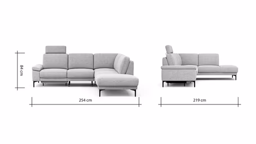 Ecksofa Matero - 2-Sitzer mit Ecke rechts inkl. Relaxfunktion motorisch und Sitzvorzug, Stoff, Hellgrau