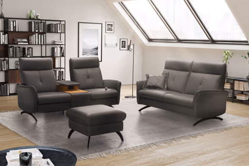 Sofa EM Pula - 2-Sitzer mit Tisch/USB/Steckdose, Leder, schwarz