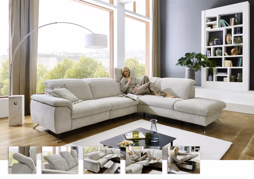 Ecksofa - 3-Sitzer mit Ecke rechts, Kopfteil verstellbar, Stoff, Natur