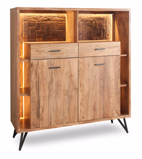 Highboard - mit Beleuchtung, B ca. 145 cm, Akazie massiv