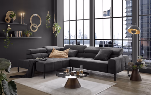 Ecksofa COLLEEN 2.0 - Ecke links mit 2-Sitzer, Kopfteil verstellbar, Feincord, Anthrazit