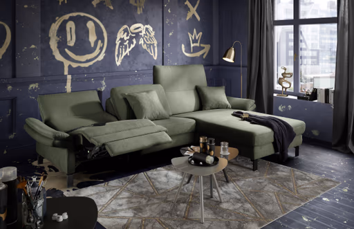 Ecksofa CALM PREMIUM 2.0 - 3-Sitzer mit Longchair rechts, Relaxfunktion motorisch, Armlehne verstellbar, Stoff, Dunkelgrün