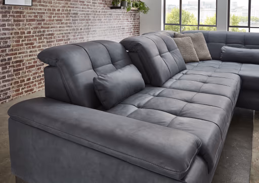 Ecksofa - 3-Sitzer mit Ecke rechts, Sitztiefe verstellbar (manuell), Leder, Eisengrau