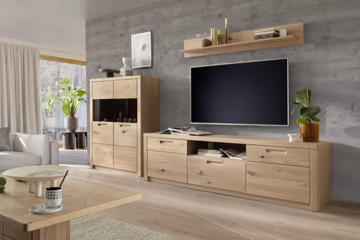 TV-Lowboard - B ca. 202 cm, Eiche Nachbildung, Eiche massiv geölt
