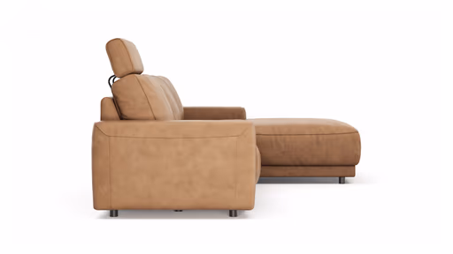 Ecksofa Balok - 2,5-Sitzer mit Longchair groß rechts, inkl. Relaxfunktion (motorisch) und Kopfstütze, Leder, Cognac