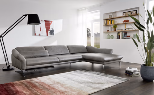 Ecksofa EM Imola - 2,5-Sitzer mit Longchair rechts inkl. Kopfteil und Sitztiefe verstellbar, Leder, Graugrün