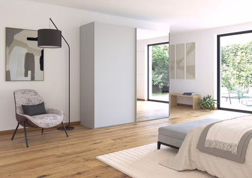 Schwebetürenschrank ROVERO- B ca. 225 cm, Seidengrau, Spiegel