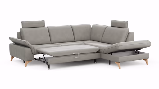 Ecksofa Tulsa KS - 2,5-Sitzer, Spitzecke und 1,5-Sitzer mit Anstellhocker aufklappbar rechts,  inkl. Kopfstütze, AL verstellbar und Schlaffunktion, Leder, Graubeige