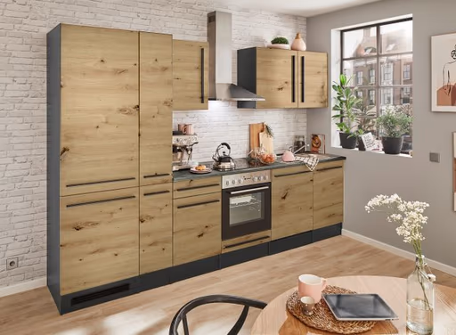 Küchenblock- Inkl. E-Geräte, B ca. 310 cm, Anthrazit, Eiche Dekor