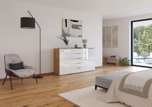 Kommode RIPP- Eiche Dekor, Glas, Weiß