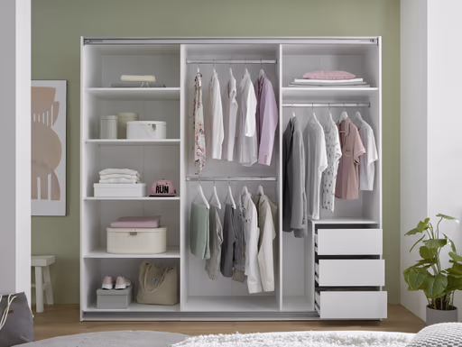 Schwebetürenschrank- B ca. 215 cm, Weiß, Spiegel