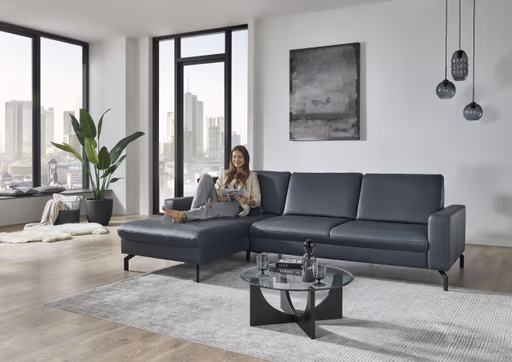 Ecksofa - Longchair links mit 3-Sitzer, Leder, Blau