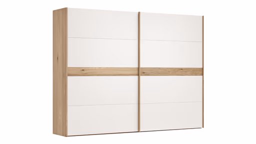 Schwebetürenschrank Viana - B ca. 301 cm, Lack, Weiß, Riffholz, Balkeneiche