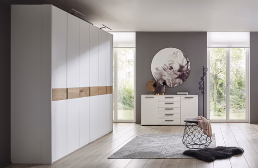 Drehtürenschrank Viana - B ca. 303 cm, Lack, Weiß, Riffholz, Wildeiche