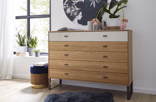 Kommode Lenoso - Eiche massiv, Glas Champagner