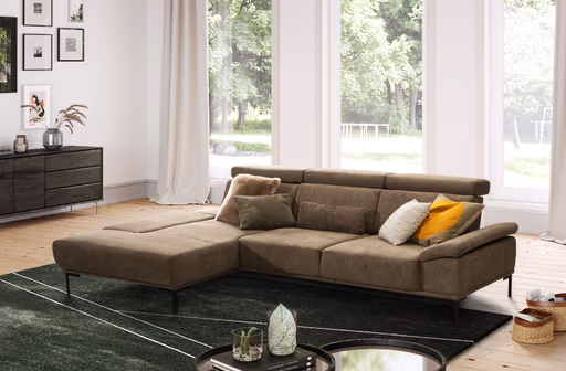 Ecksofa - Longchair links mit 2-Sitzer, Sitztiefe verstellbar, Stoff, Braungrün